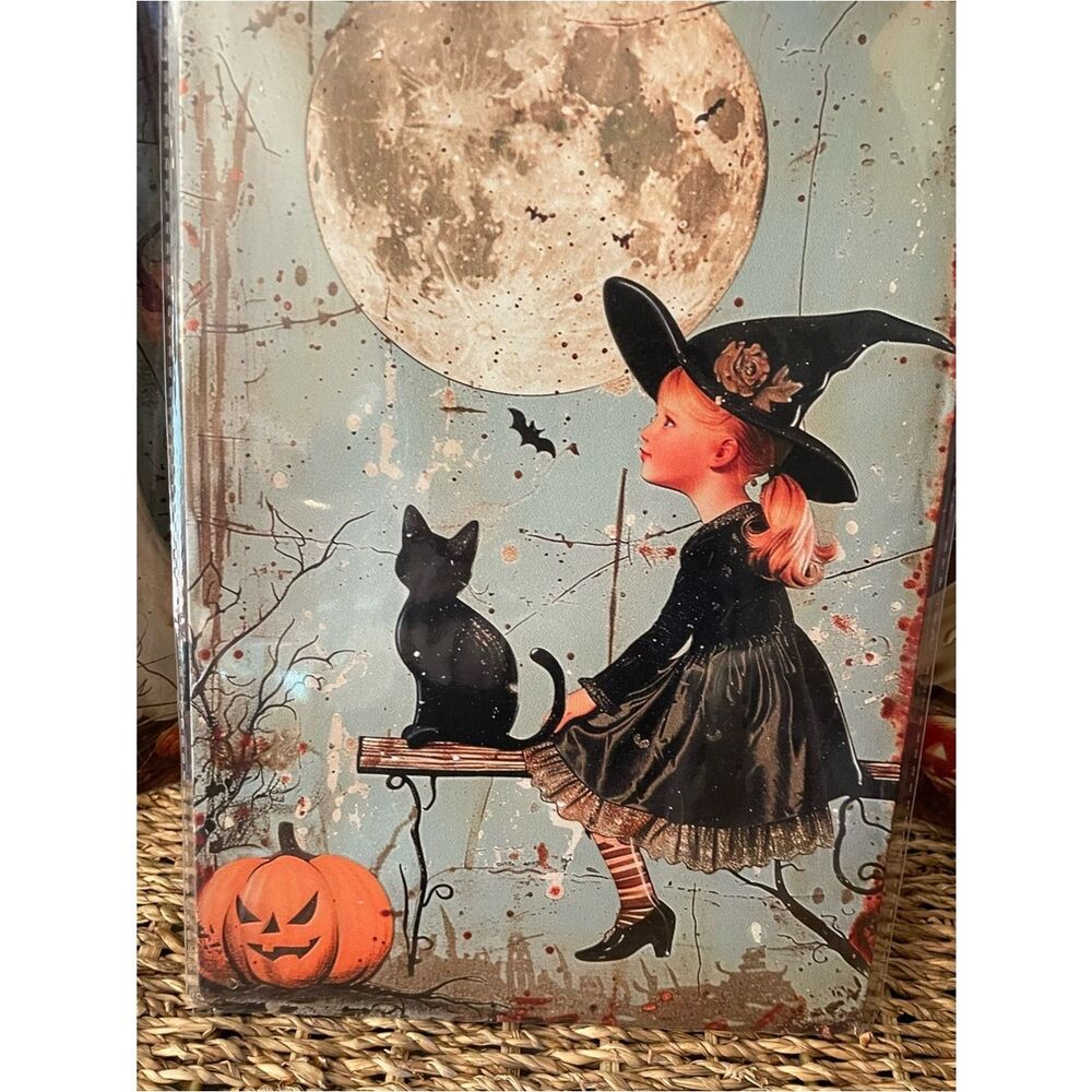 Vintage Halloween Witch & Cat & Ghosts Metal Sign - Black, Orange, White 8.5x12 - Picture 3 of 12